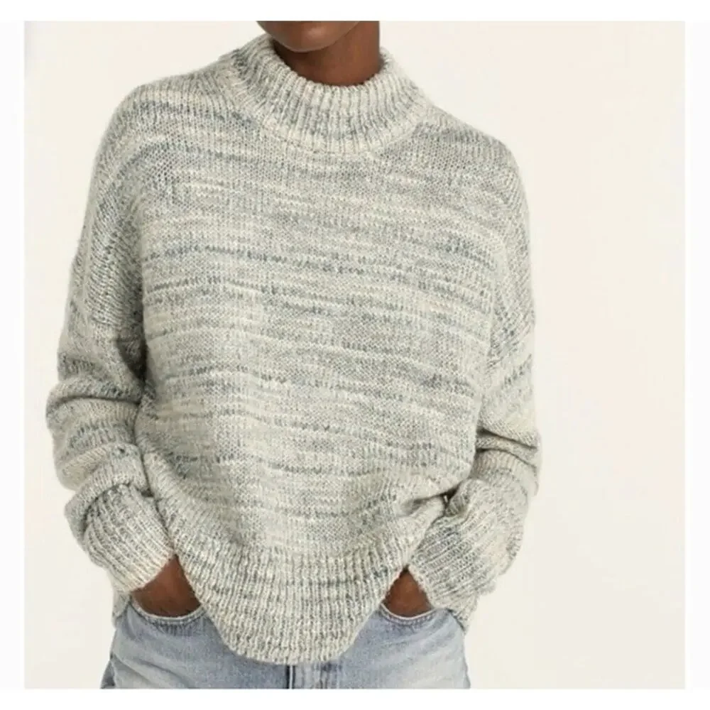 J Crew Space Dyed Mock Neck Pullover Sweater Medium Green Boxy Slouchy Wool Knit